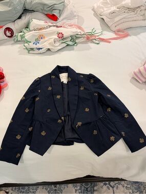 Janie and Jack Girls Navy Peplum Blazer with Gold Motifs, Excellent size 5
